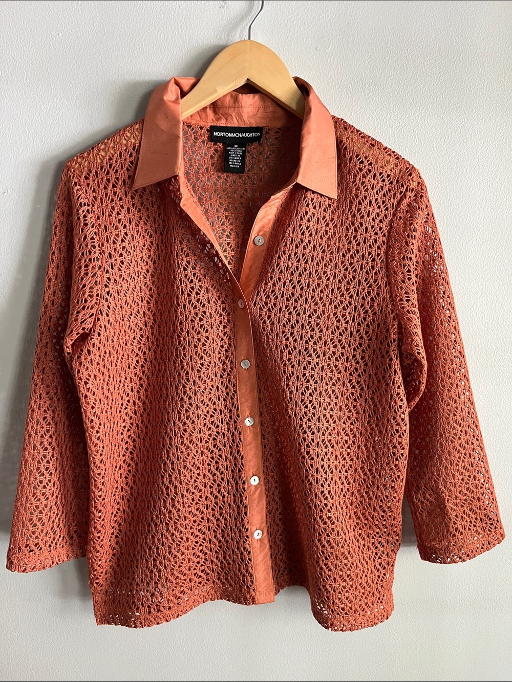 Norton McNaughton Crochet Button Up Knit Top Medium Rust Orange